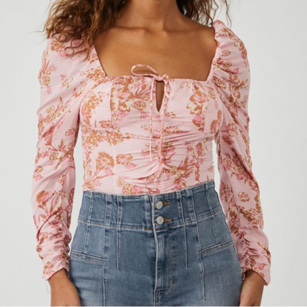 Free People Hilary Pink Floral Long Sleeve Top Size L NWT